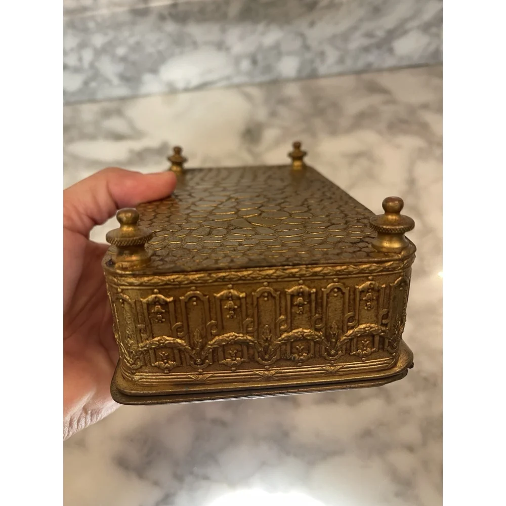 Antique Jennings Brothers Gilt Bronze Jewelry Trinket Box Relief Scene c.1900